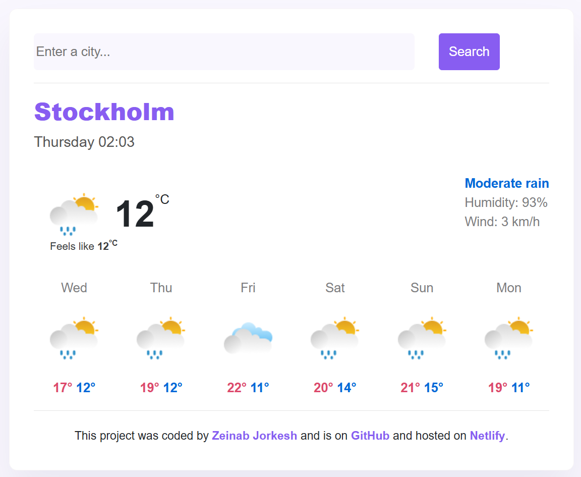 Weather application showing current weather information